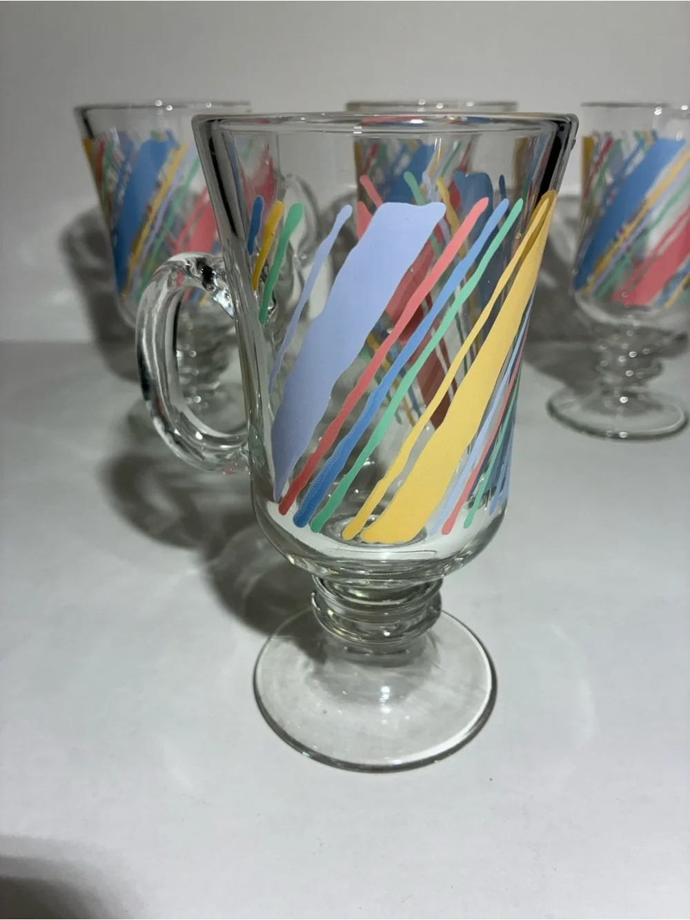 Vintage 1980s Libbey Set of 4 Irish Coffee Glass Mugs Colorful Abstract Stripe